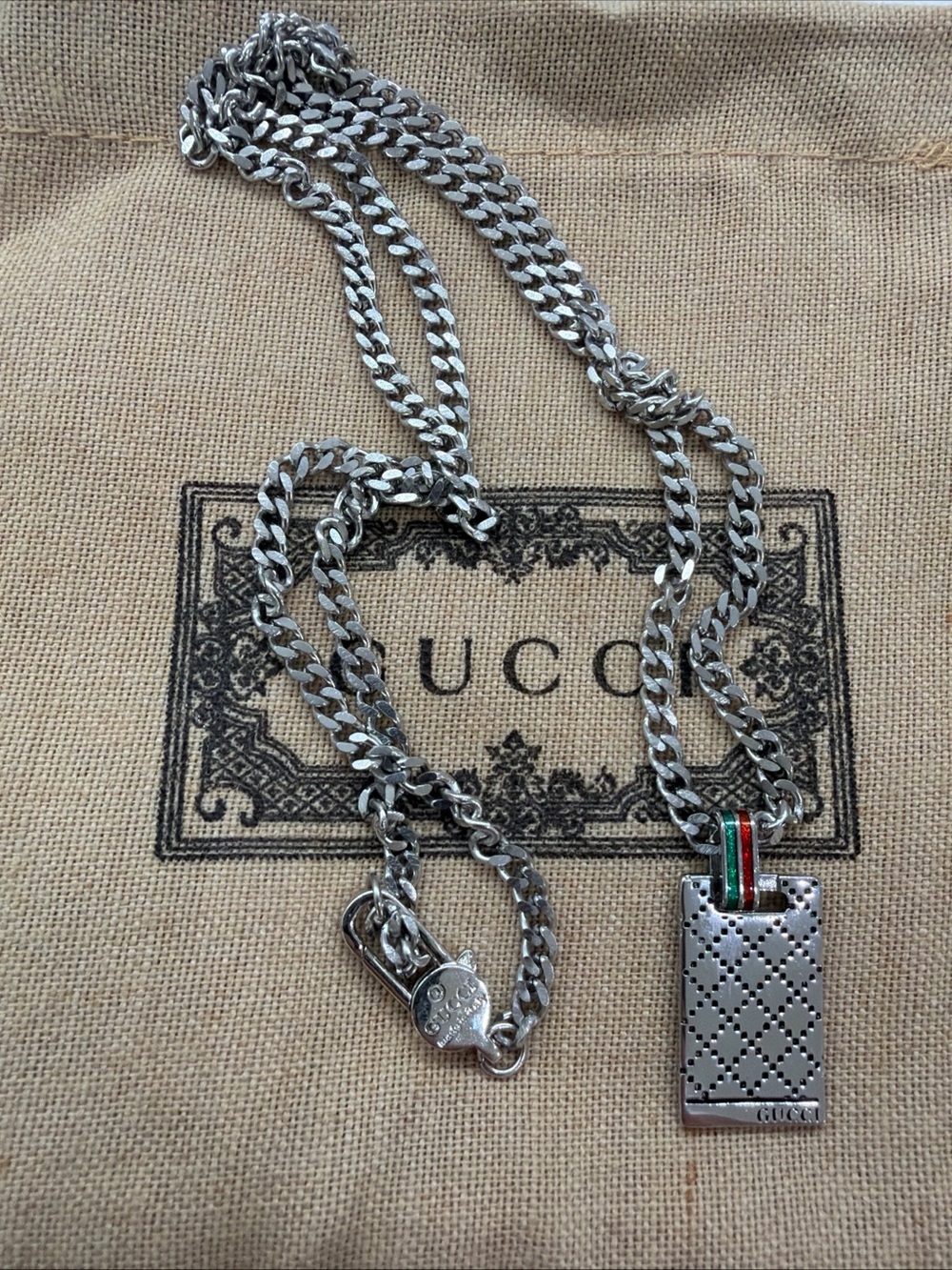 Gucci Silver-Tone Men's Pendant Necklace with Green-Red Accent